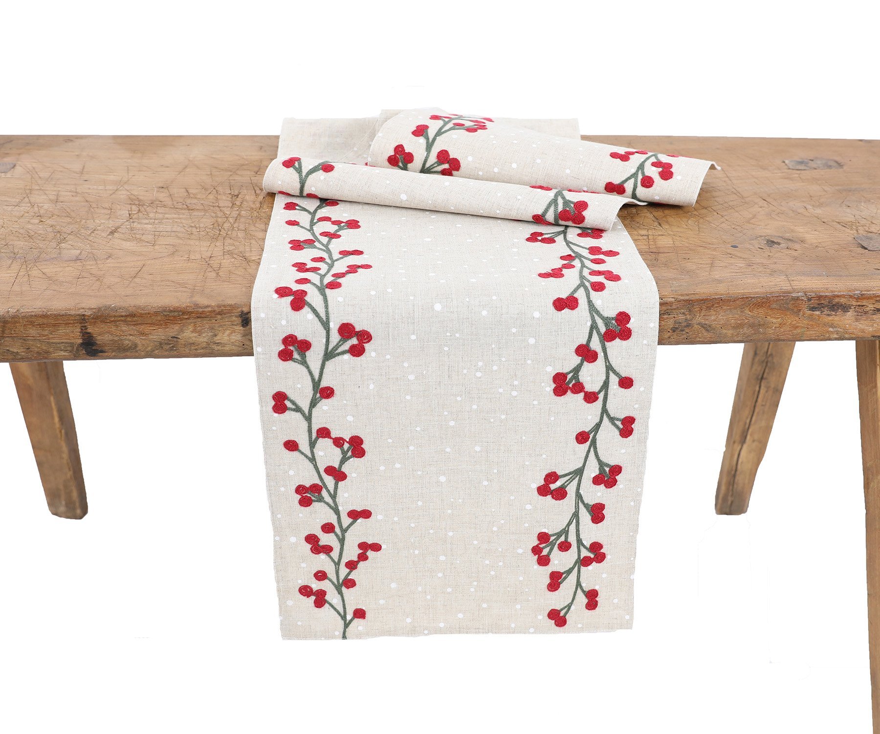 XD19816-Holly Berry Branch Crewel Embroidered Christmas Table Runner featuring vibrant holly berry branches and snow dots on a natural linen blend fabric.